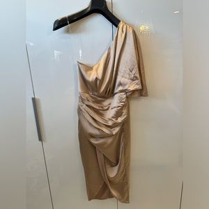 Gold satin one shoulder midi dress